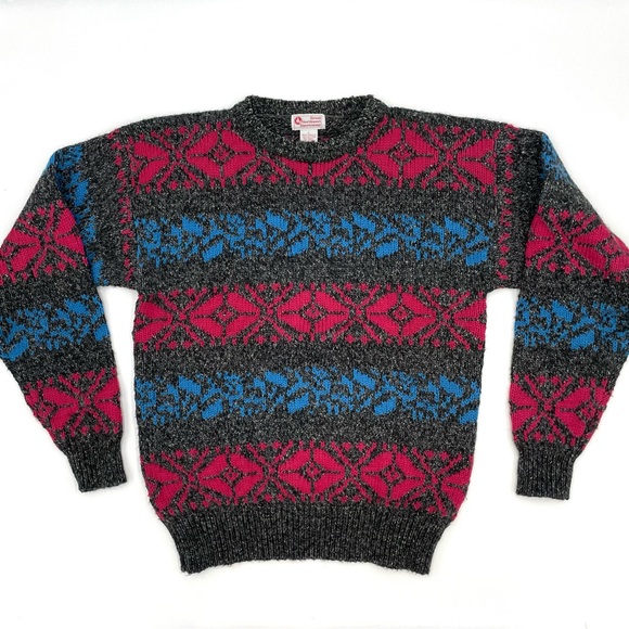 Vintage Sweater Grandpa Men Gray Pink Blue Funky‎ Bright Large Eclectic Pattern - Picture 1 of 9